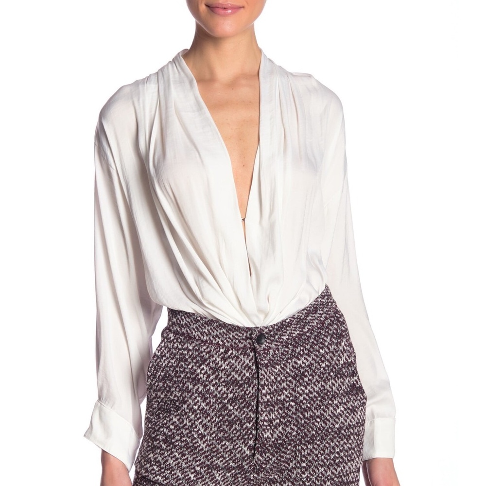 Free People Ladylike White Long Sleeve Blouse Open Front Deep V Bodysuit Small - Picture 10 of 11